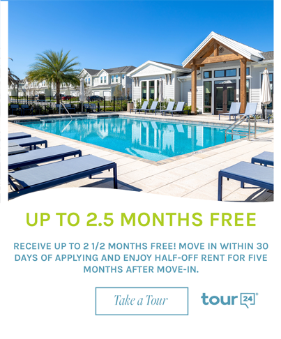 Stunning apartment complex with a pool, offering up to 2.5 months free rent promotion. Take a tour now!